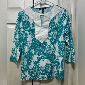 Lauren Ralph Lauren Sz S 3/4 Sleeve Top V-Neck Teal /White Paisley Print Blouse